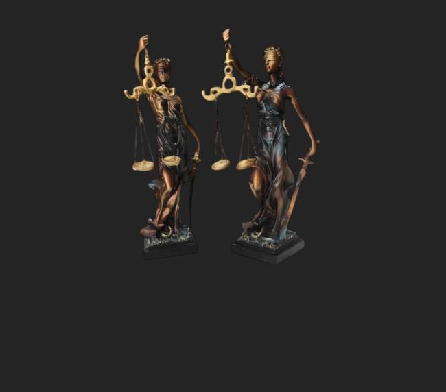 Matched pair of law-themed stone statue sculptures